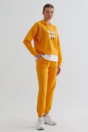 Oranj Kapüşonlu Sweatshirt Düz Jogger Takım SS23TK4697OR